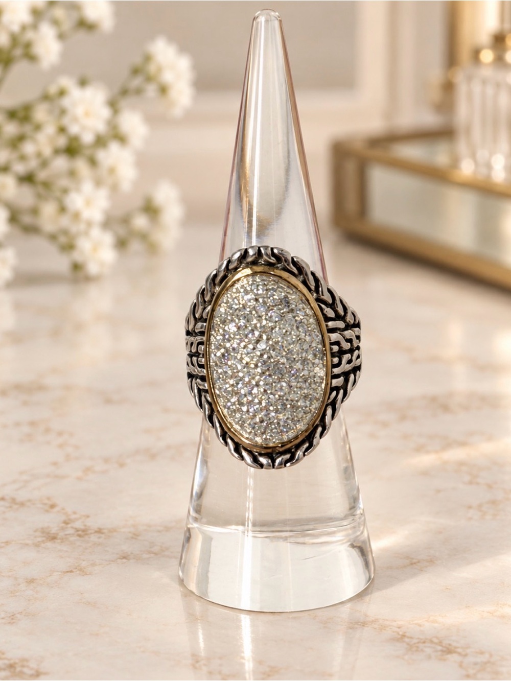 Sterling Silver Oval Statement Ring Sparkly Crystals in Center Size 5-3/4